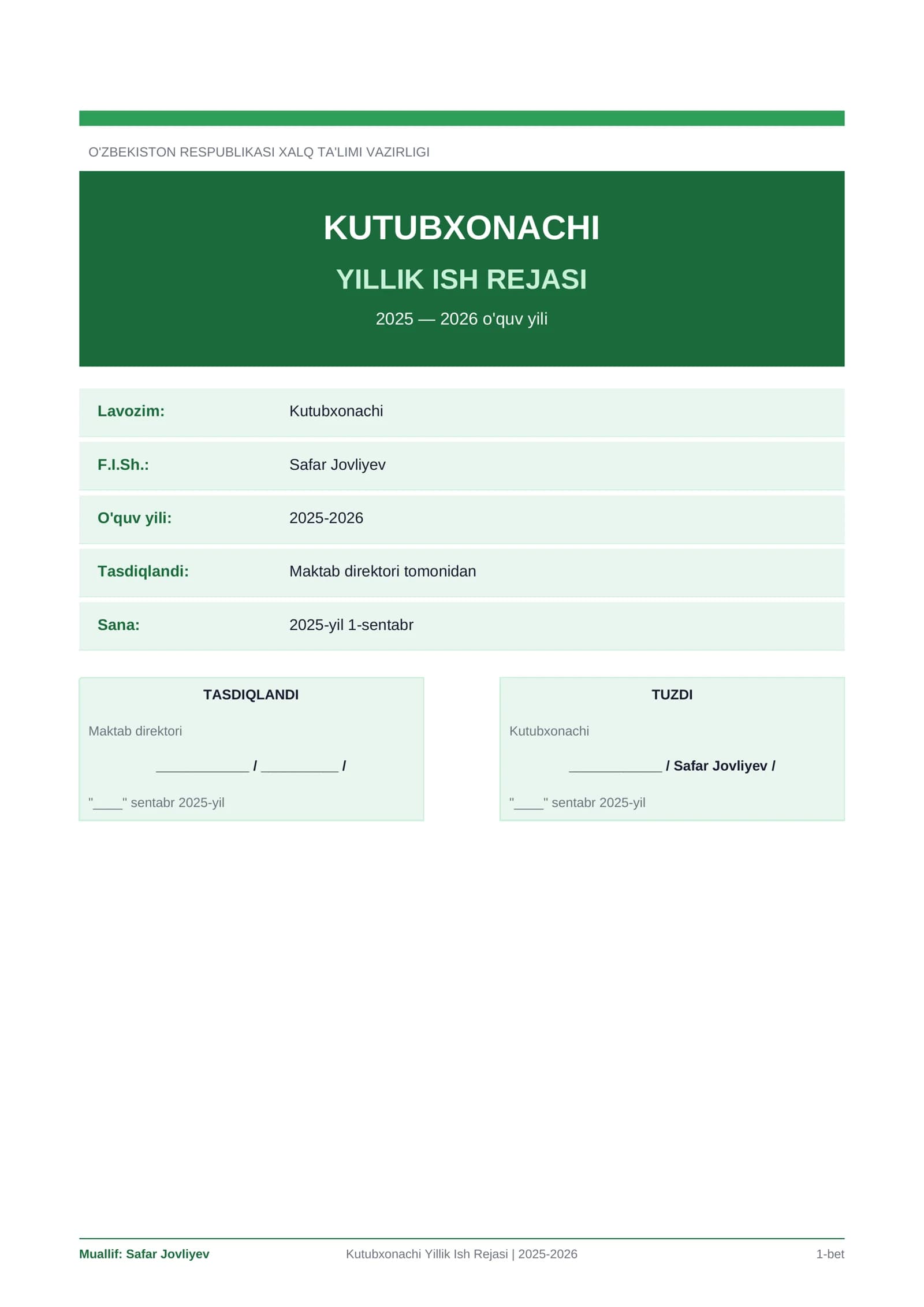 Kutubxonachi Yillik Ish Rejasi | 2025-2026