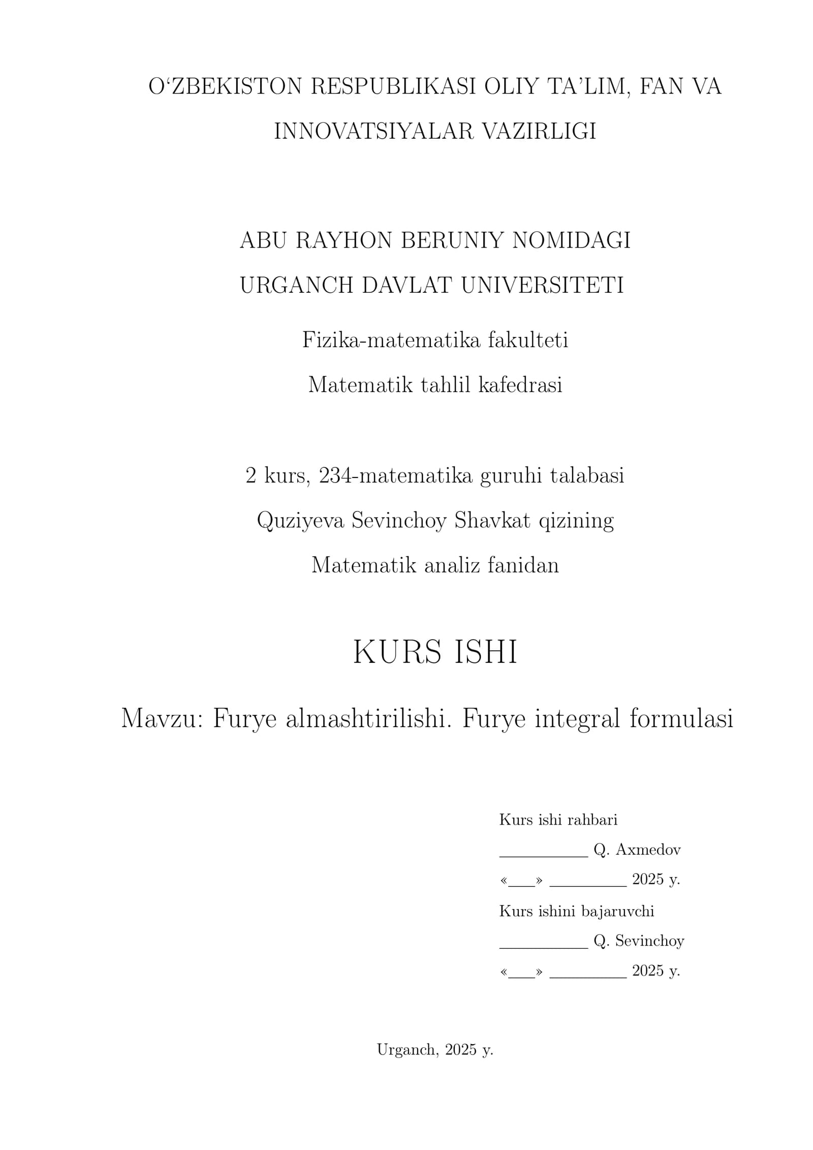 Furye almashtirilishi.Furye integral formulasi