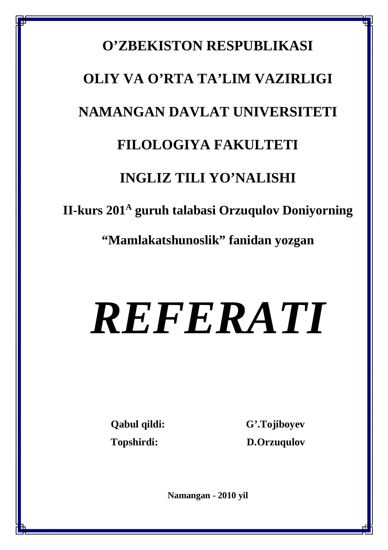 Referat "Mamlakatshunoslik"