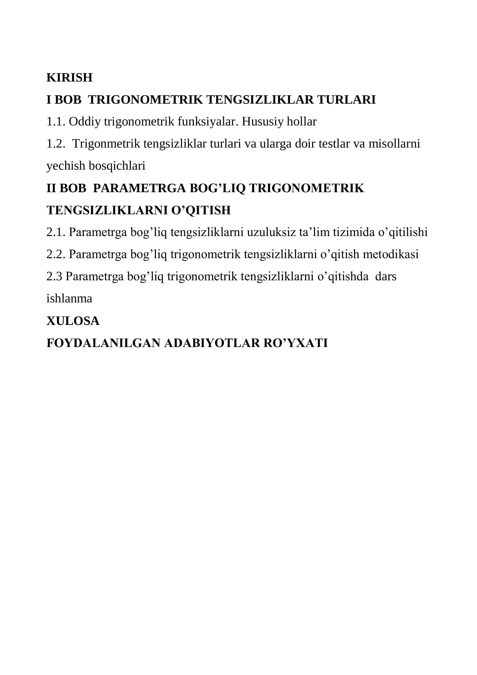 BOB PARAMETRGA BOG’LIQ TRIGONOMETRIK TENGSIZLIKLARNI O’QITISH