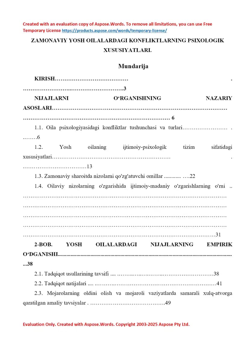 Zamonaviy yosh oilalardagi konfliktlarning psixologik xususiyatlari