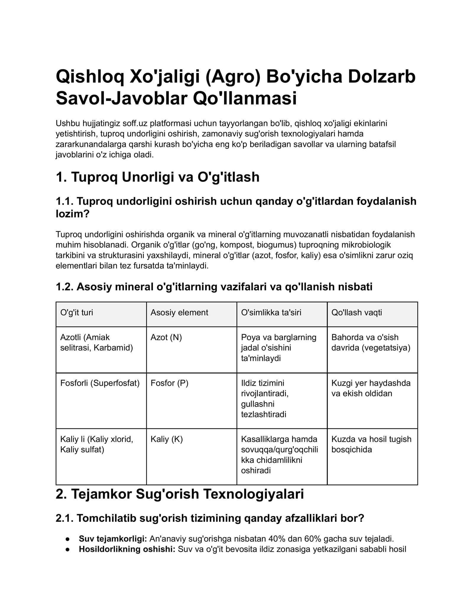 Qishloq xo'jaligi (Agro) bo'yicha dolzarb savol-javoblar qo'llanmasi