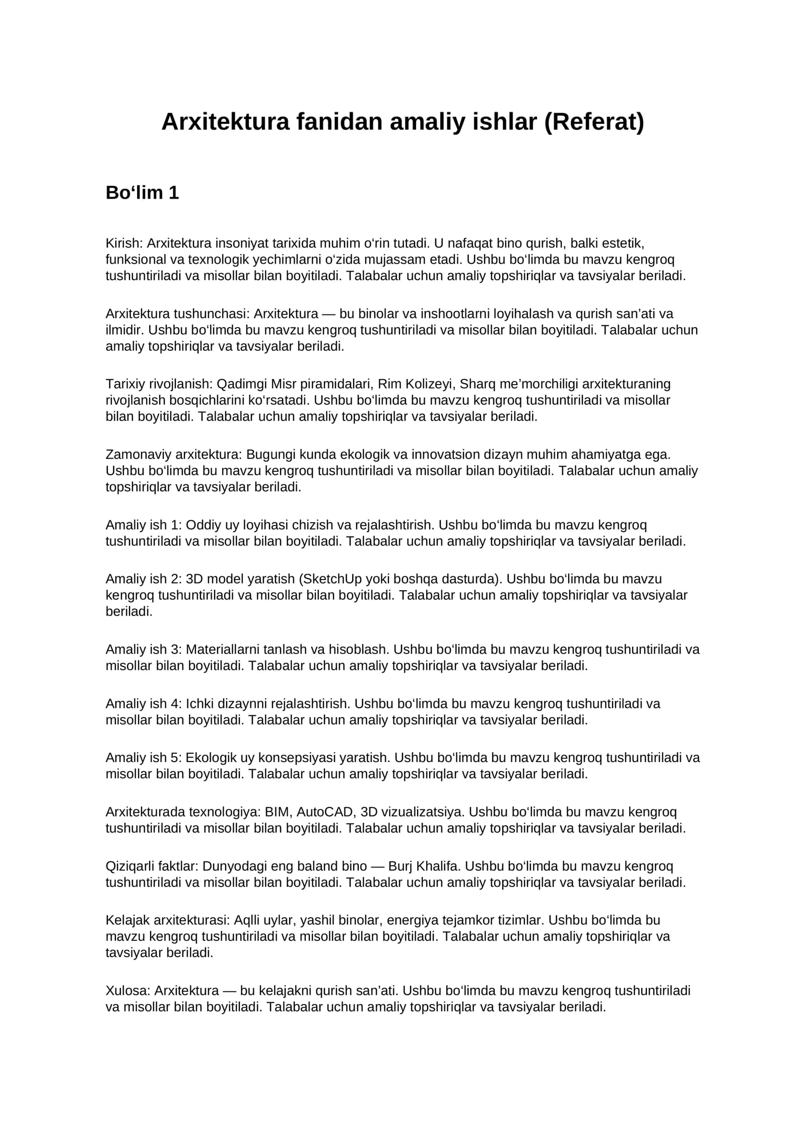 Arxitektura fanidan amaliy ishlar (Referat)