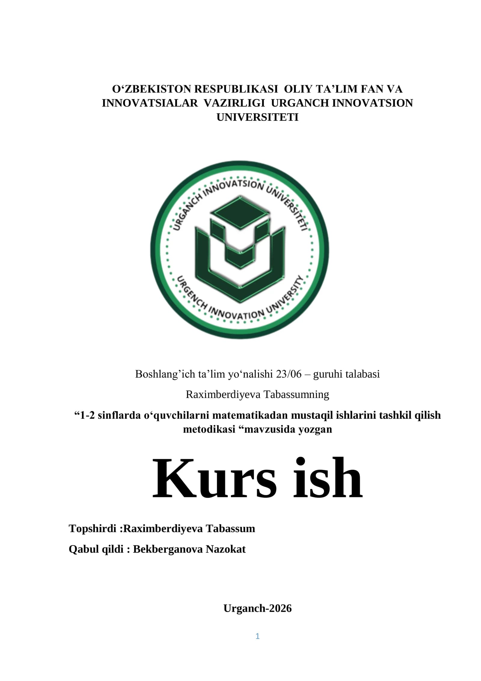 1-2 sinflarda o‘quvchilarni matematikadan mustaqil ishlarini tashkil qilish