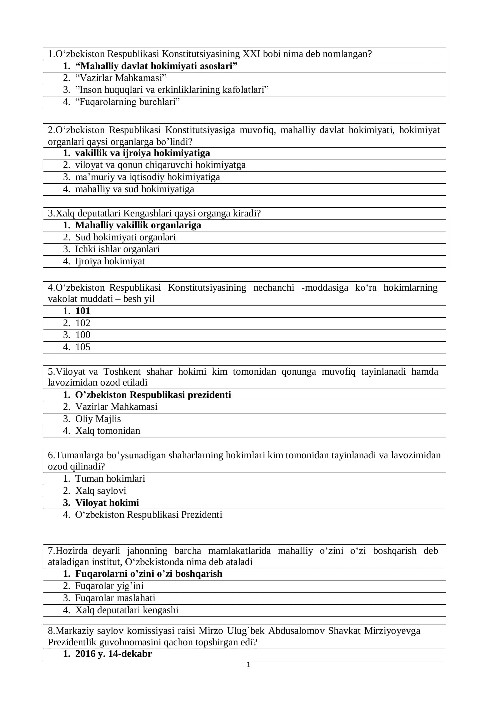 O'zbekistonning eng yangi tarixi fanidan yakuniy test javoblari