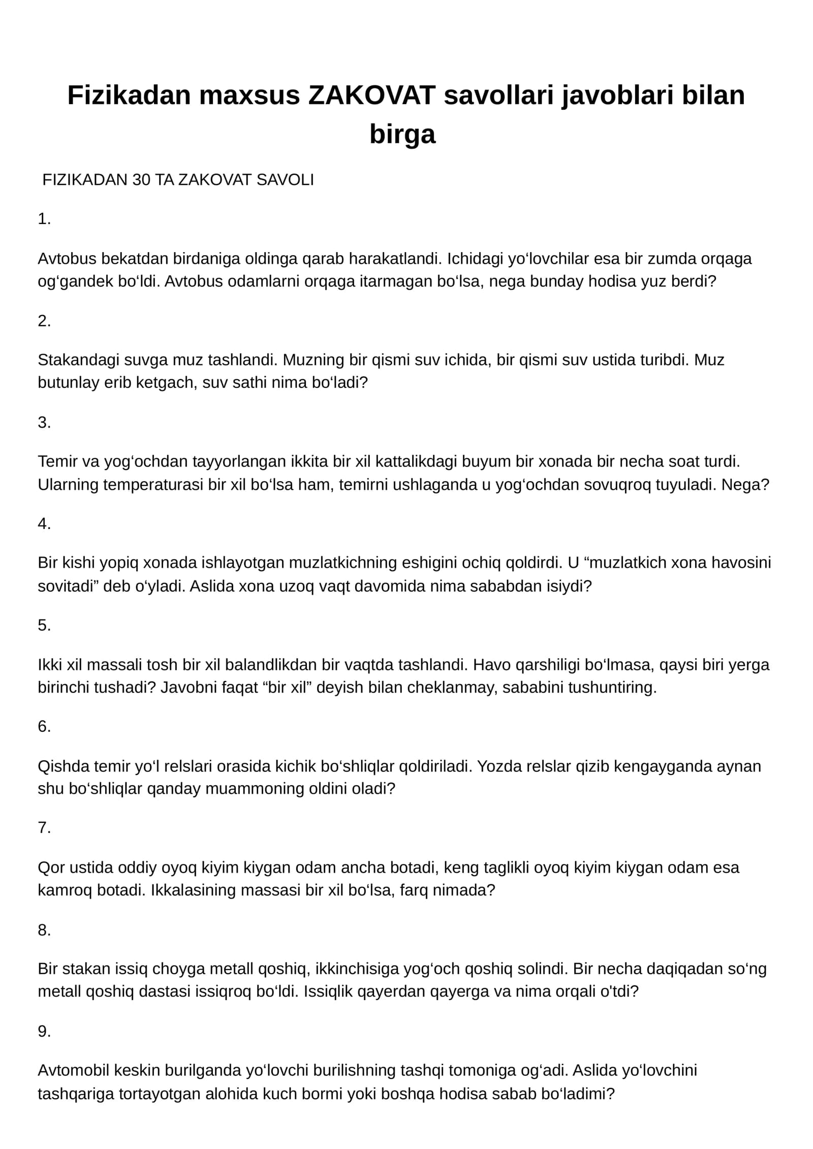 Fizikadan maxsus ZAKOVAT savollari javoblari bilan birga