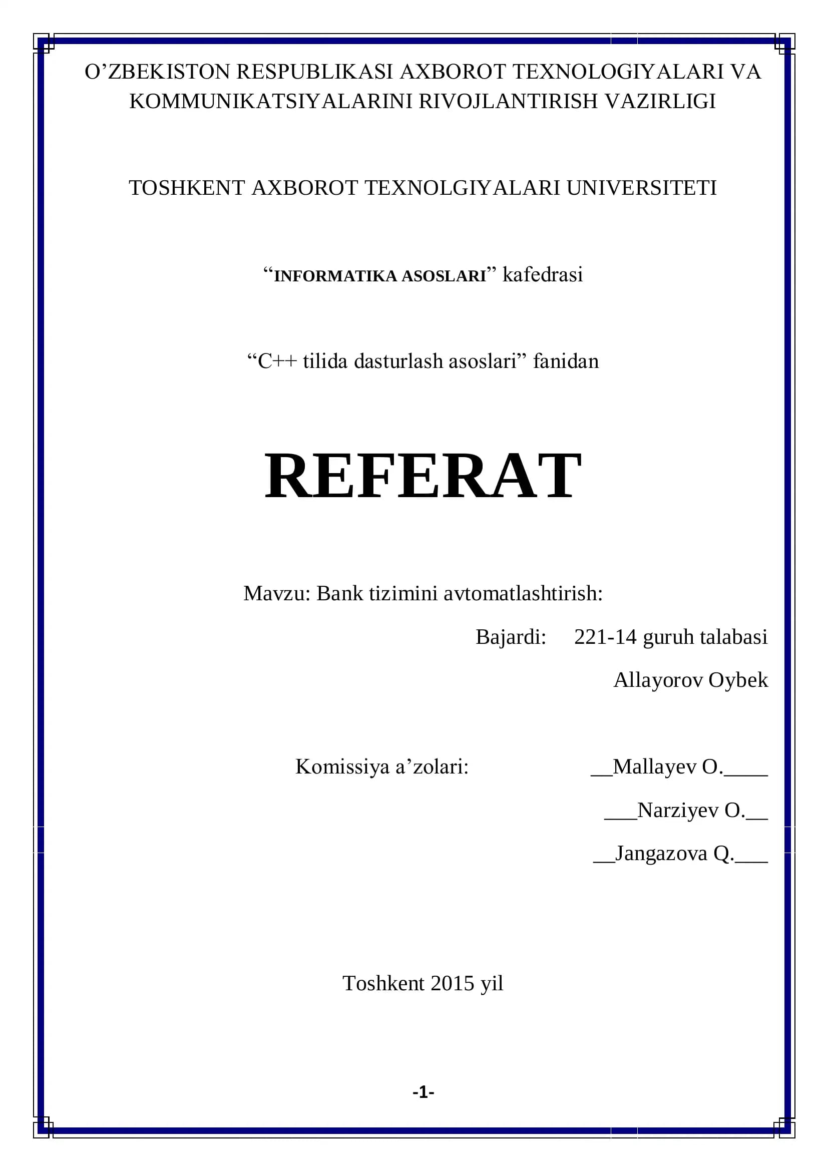 Bank tizimini avtomatlashtirish