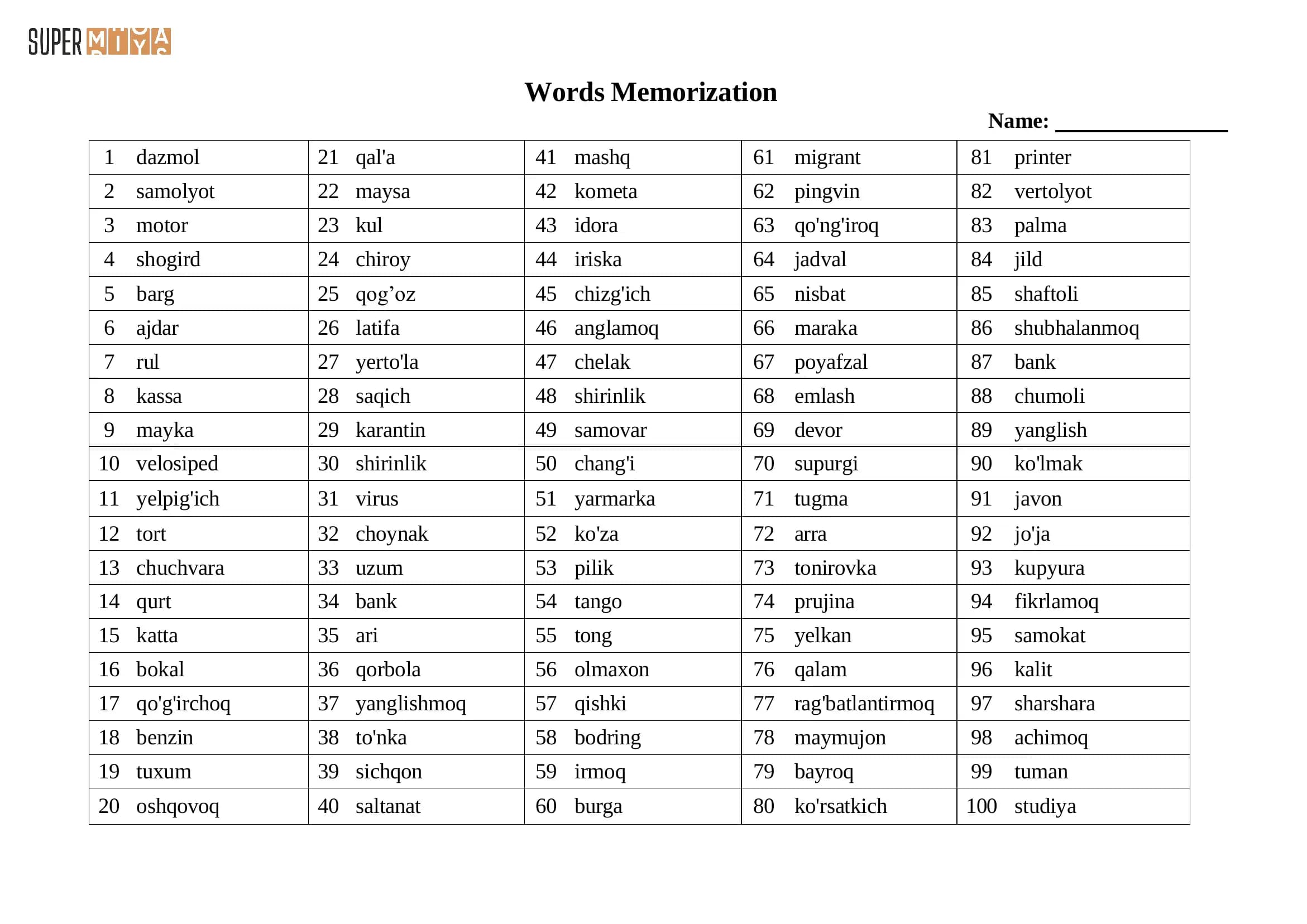 5 daqiqalik so'zlar (o'zbek) / Words Memorization