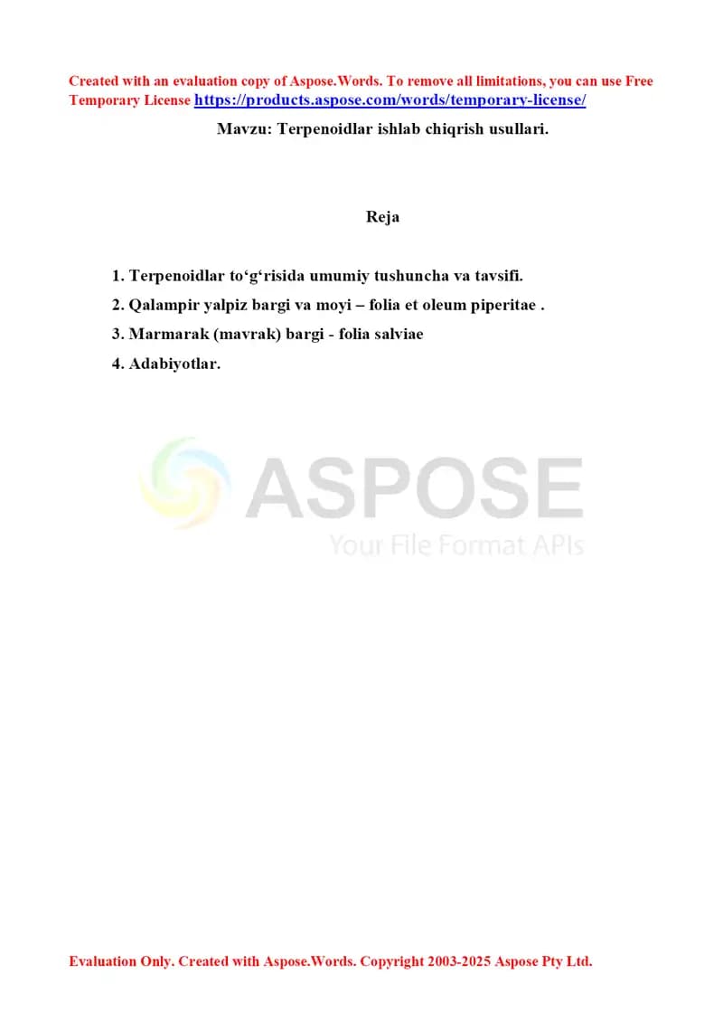 11. Terpenoidlar ishlab chiqarish usullari. Referat 5 bet.