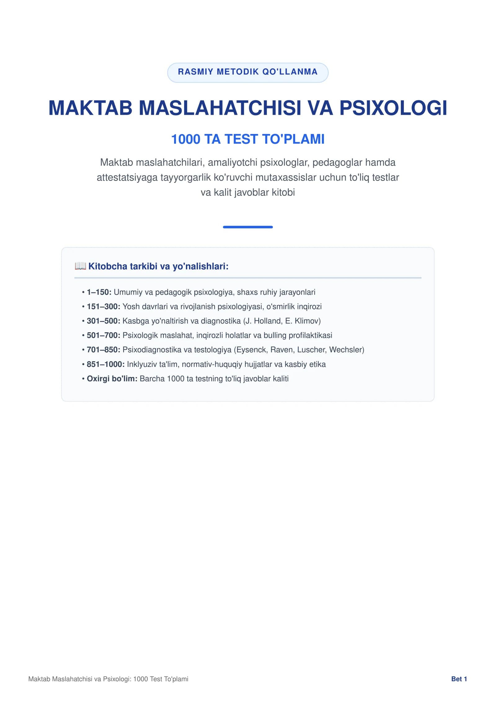 Maktab maslaxatchisi 1000 ta test