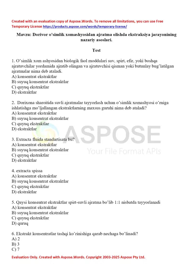 Dorivor o'simlik xomashyosidan ajratma olishda ekstraksiya jarayonining nazariy asoslari. Test 10 ta, javobli.