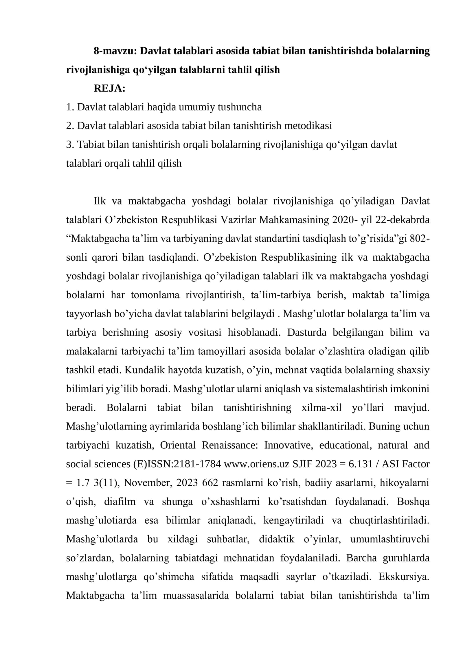 Davlat talablari asosida tabiat bilan tanishtirishda bolalarning rivojlanishiga qo‘yilgan talablarni tahlil qilish