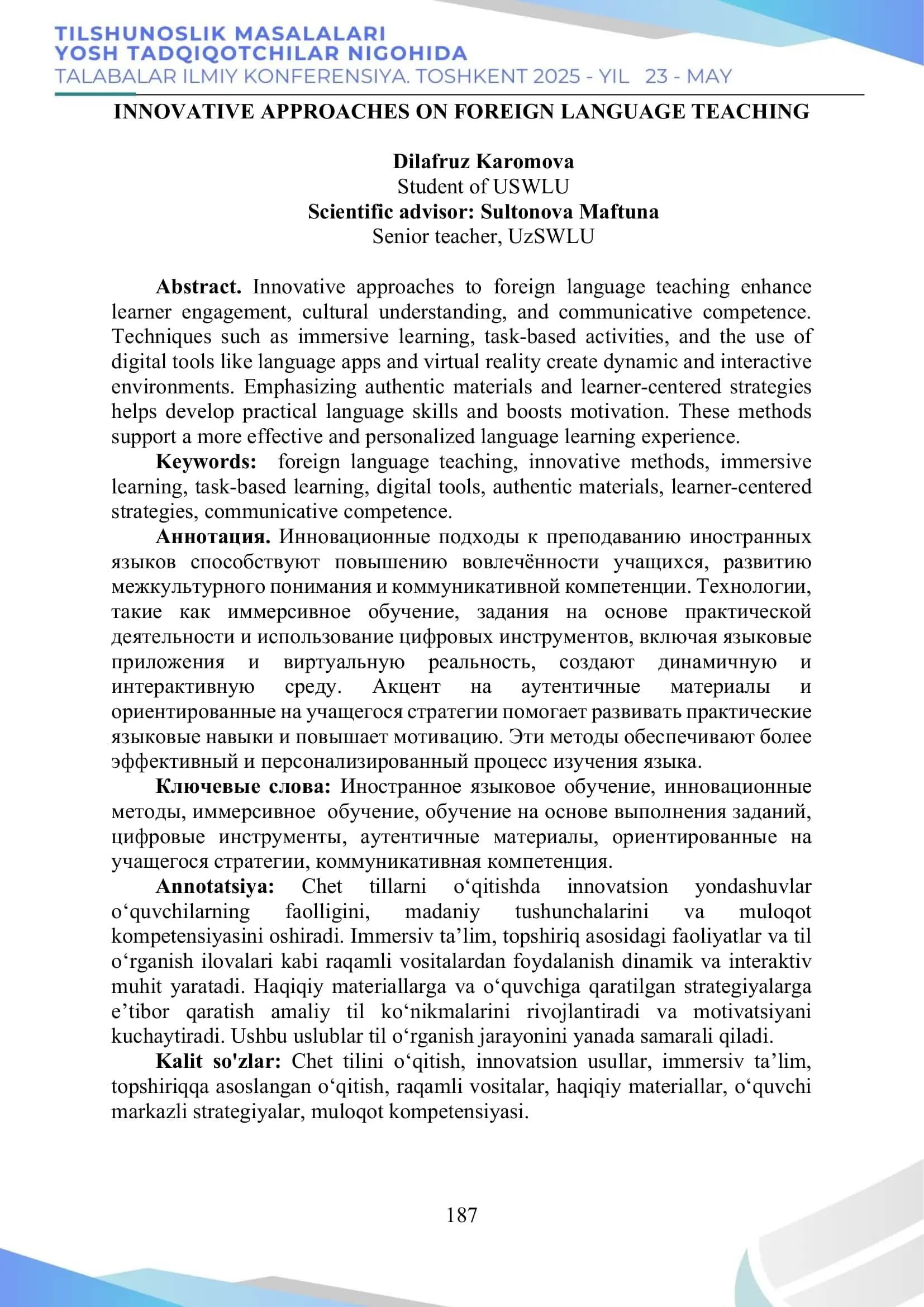 Innovative Approaches on Foreign Language Teaching