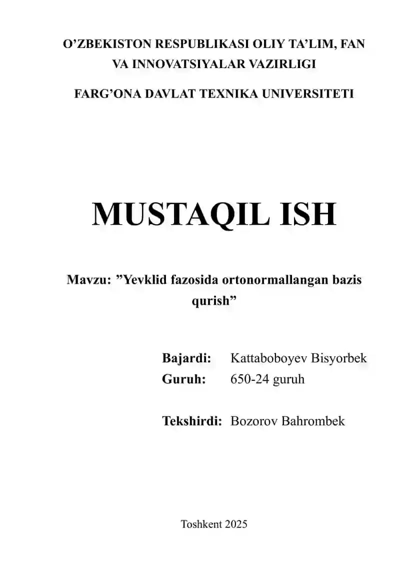 Yevklid fazosida ortonormallangan bazis qurish
