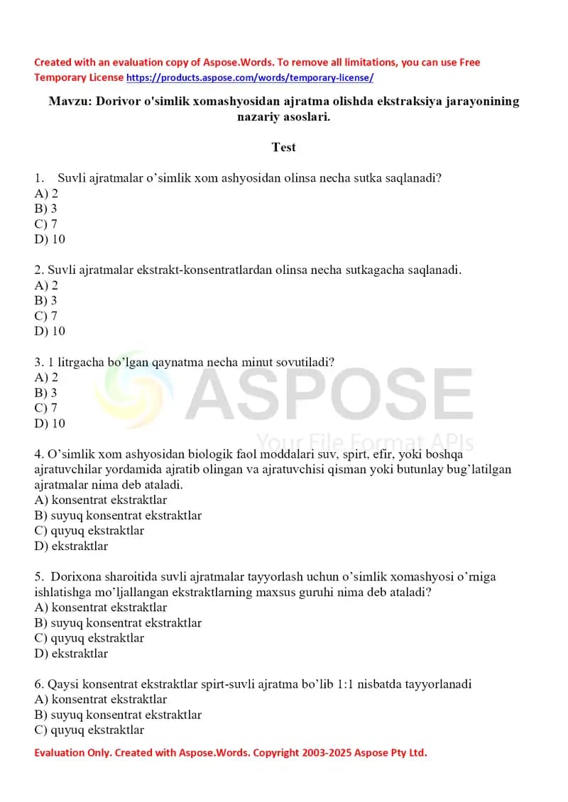 Dorivor o'simlik xomashyosidan ajratma olishda ekstraksiya jarayonining nazariy asoslari.Test 10 ta.