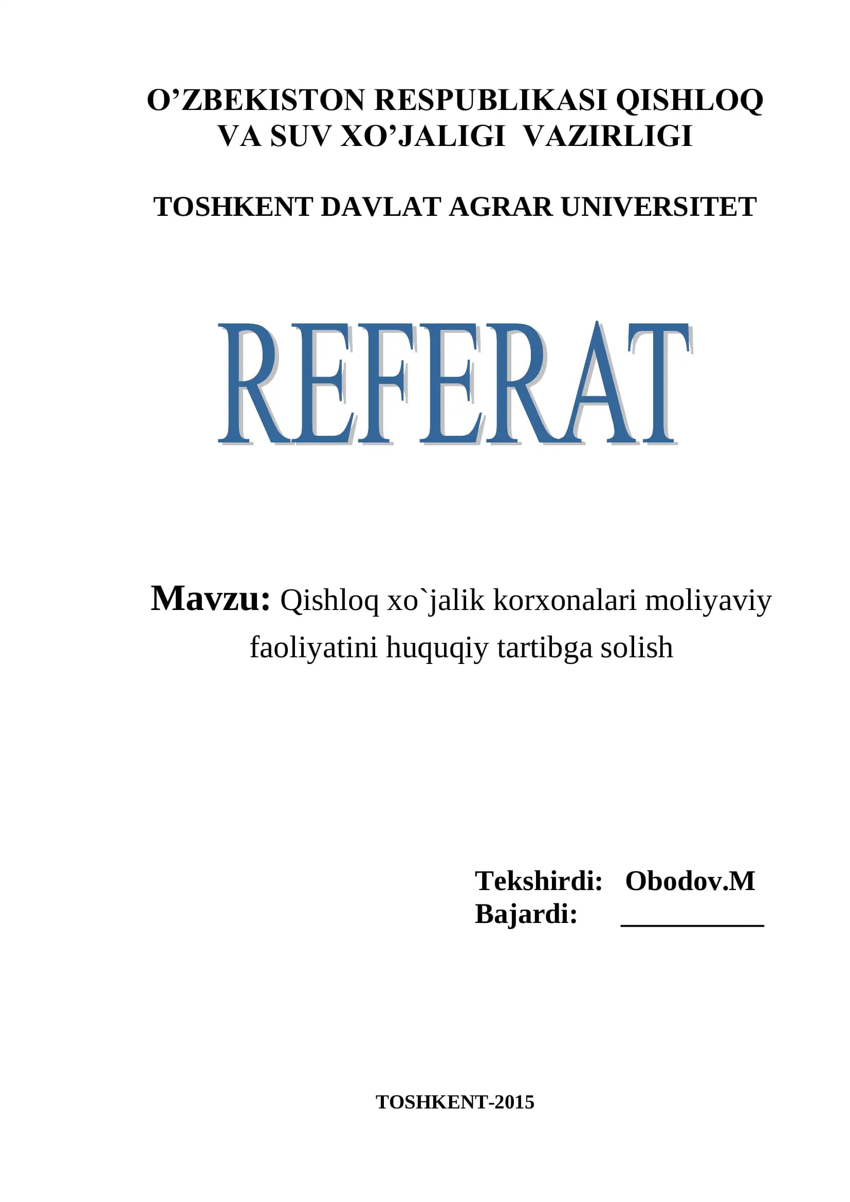 Qishloq xo`jalik korxonalari moliyaviy faoliyatini huquqiy tartibga solish