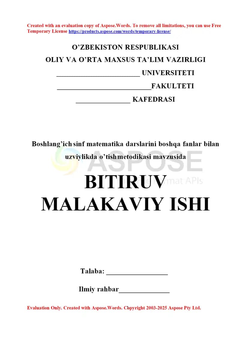 Boshlang’ich sinf matematika darslarini boshqa fanlar bilan uzviylikda o’tish metodikasi