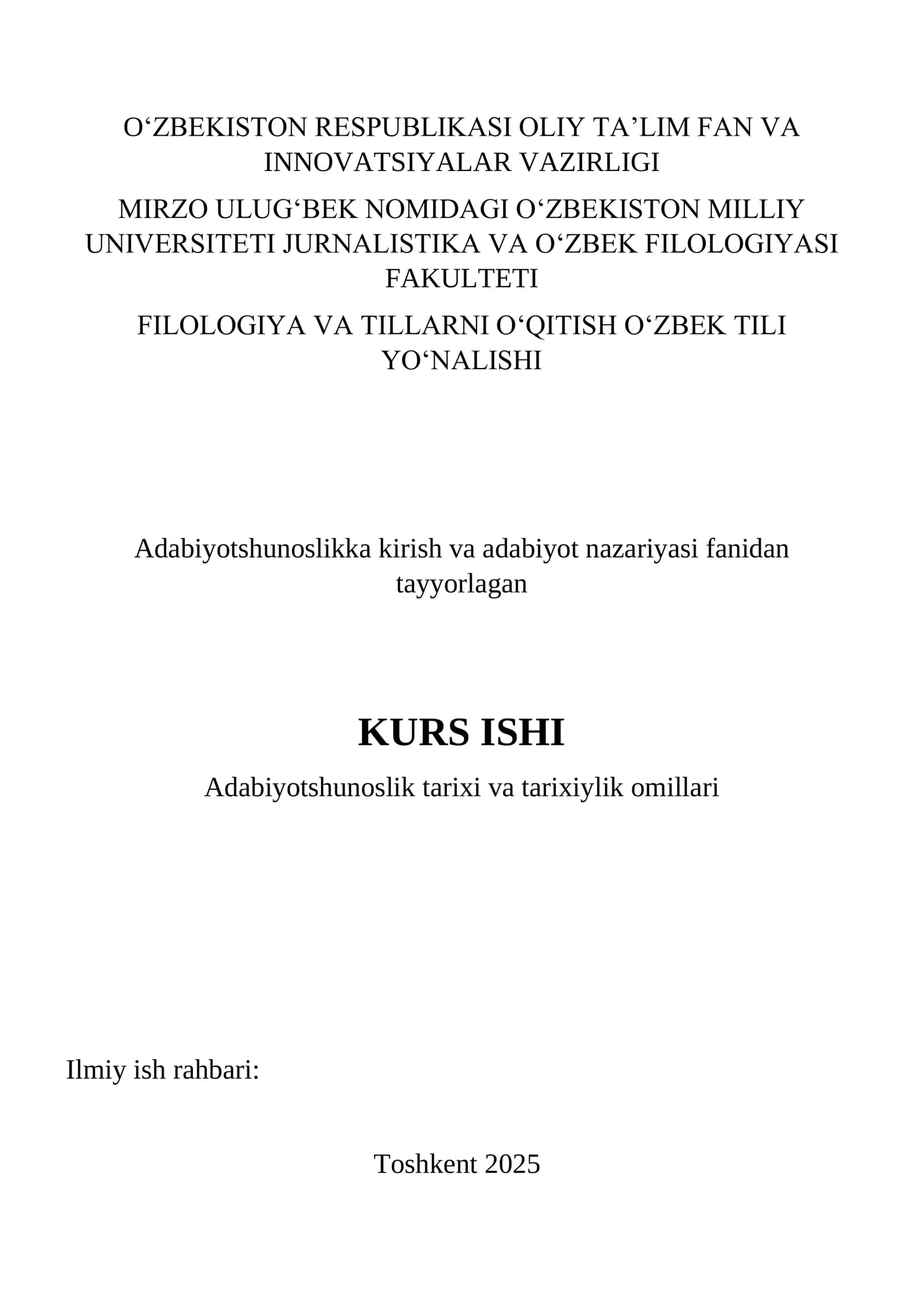 Adabiyotshunoslikka kirish va adabiyot nazariyasi fanidan tayyorlagan KURS ISHI