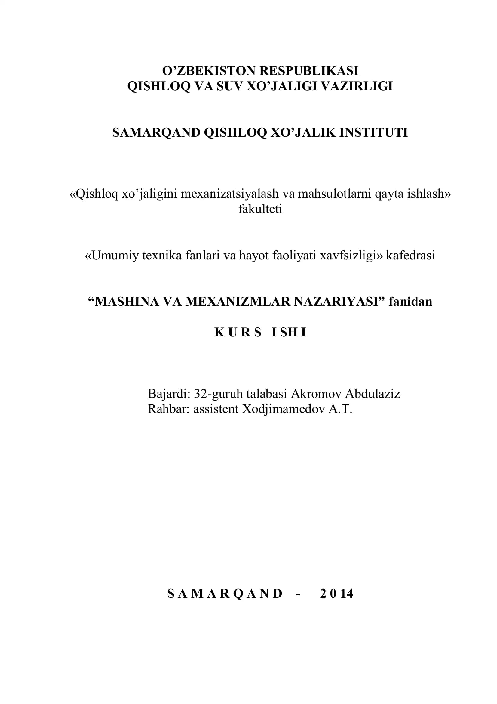IKKI POG’ONALI KOPRESSOR MEXANIZMLARINI O’RGANISH VA ULARNI LOYIHALASH