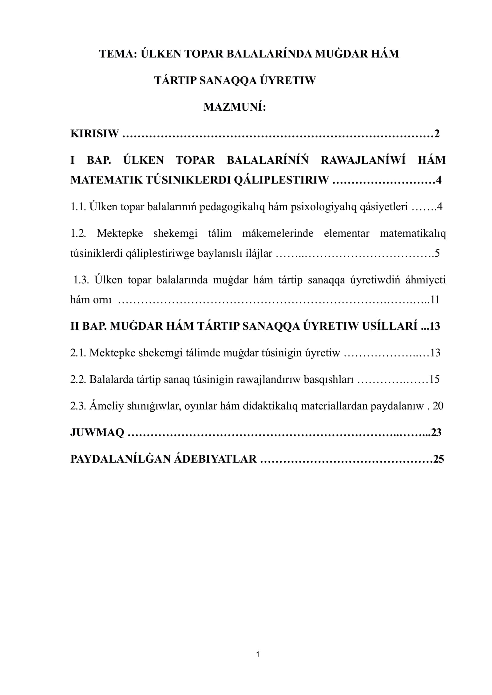 Úlken topar balalarında muǵdar hám tártip-sanaqqa úyretiw