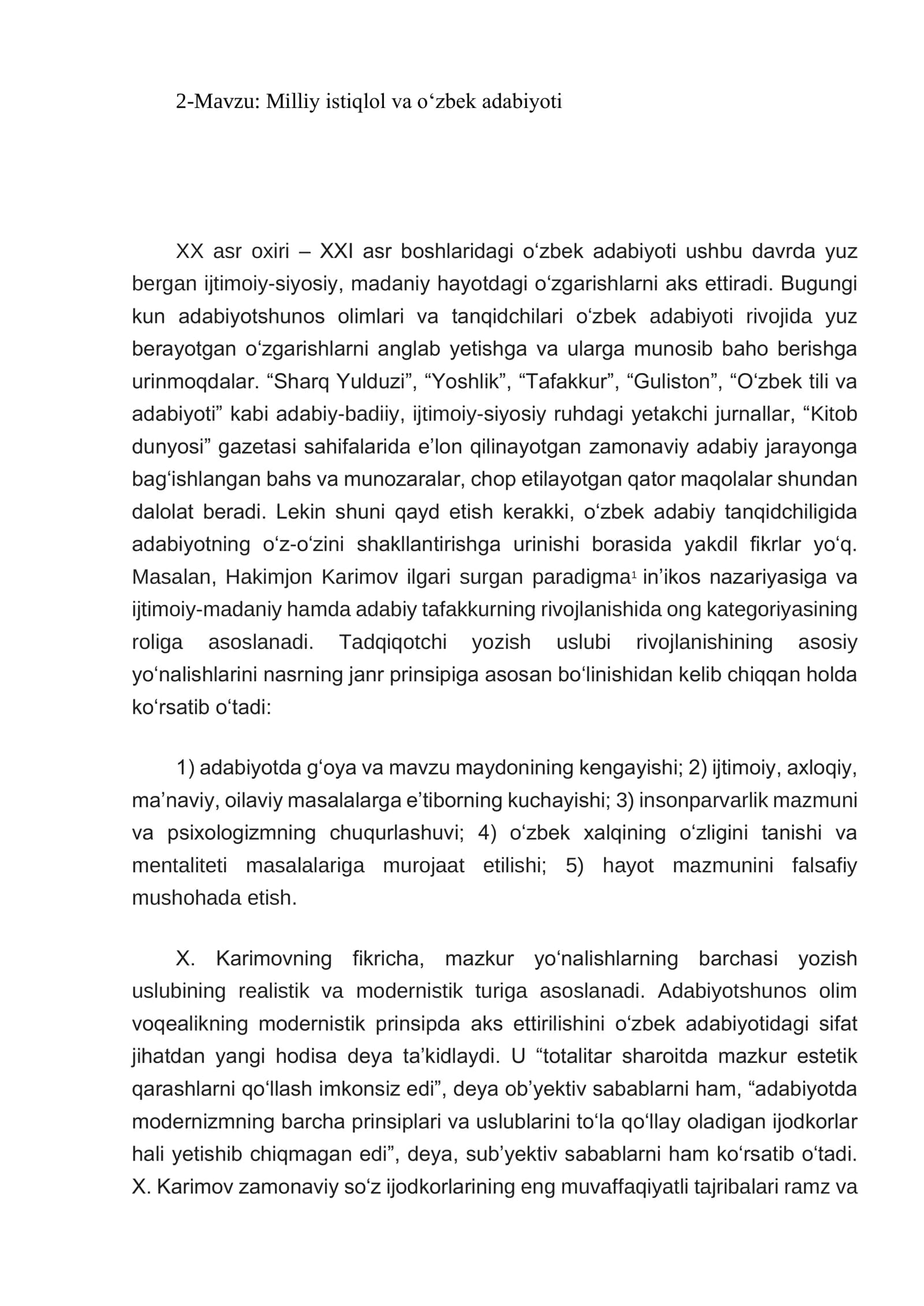 Milliy istiqlol va o‘zbek adabiyoti