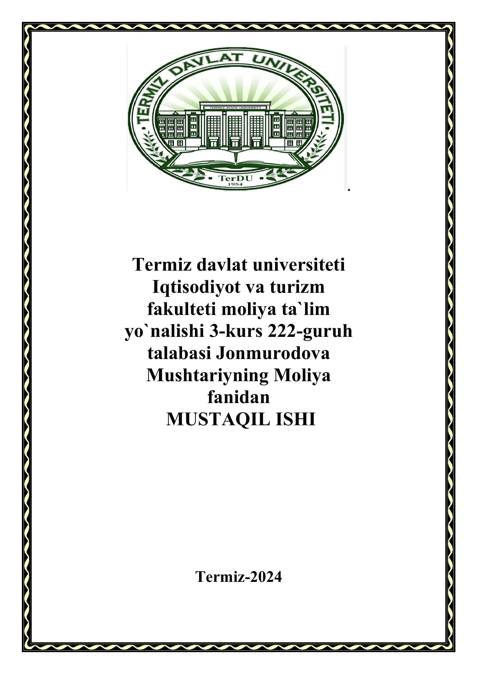 Mushtariyning Moliya fanidan MUSTAQIL ISHI