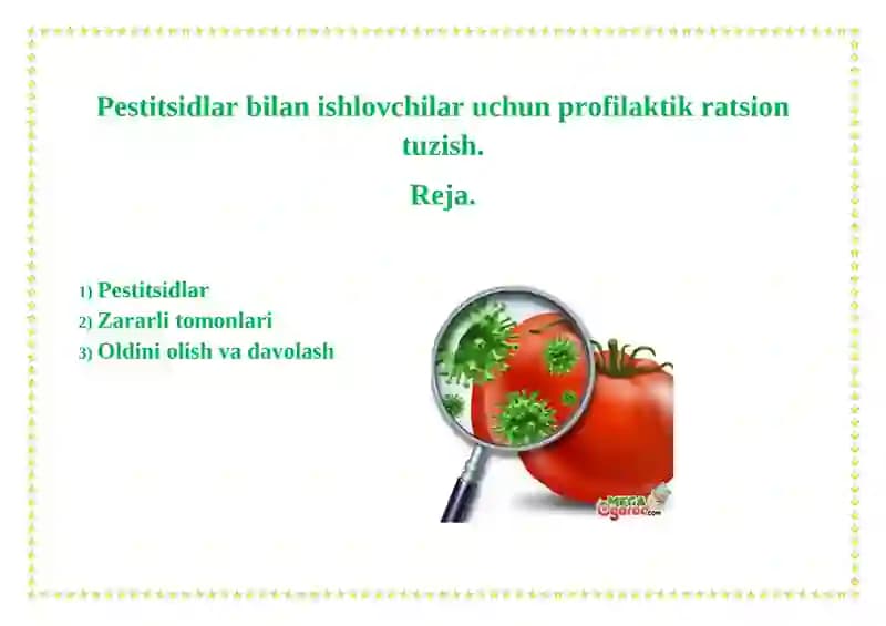 Pestitsidlar bilan ishlovchilar uchun profilaktik ratsion tuzish