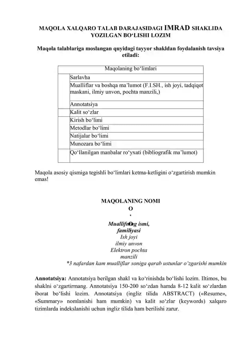 MAQOLA XALQARO TALAB DARAJASIDAGI IMRAD SHAKLIDA YOZILGAN BO‘LISHI LOZIM