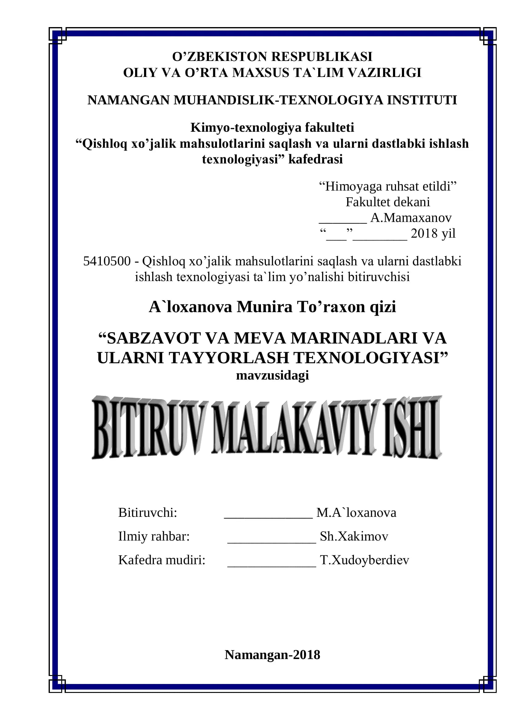 "SABZAVОT VA MEVA MARINADLARI VA ULARNI TAYYORLASH TEXNОLОGIYASI"