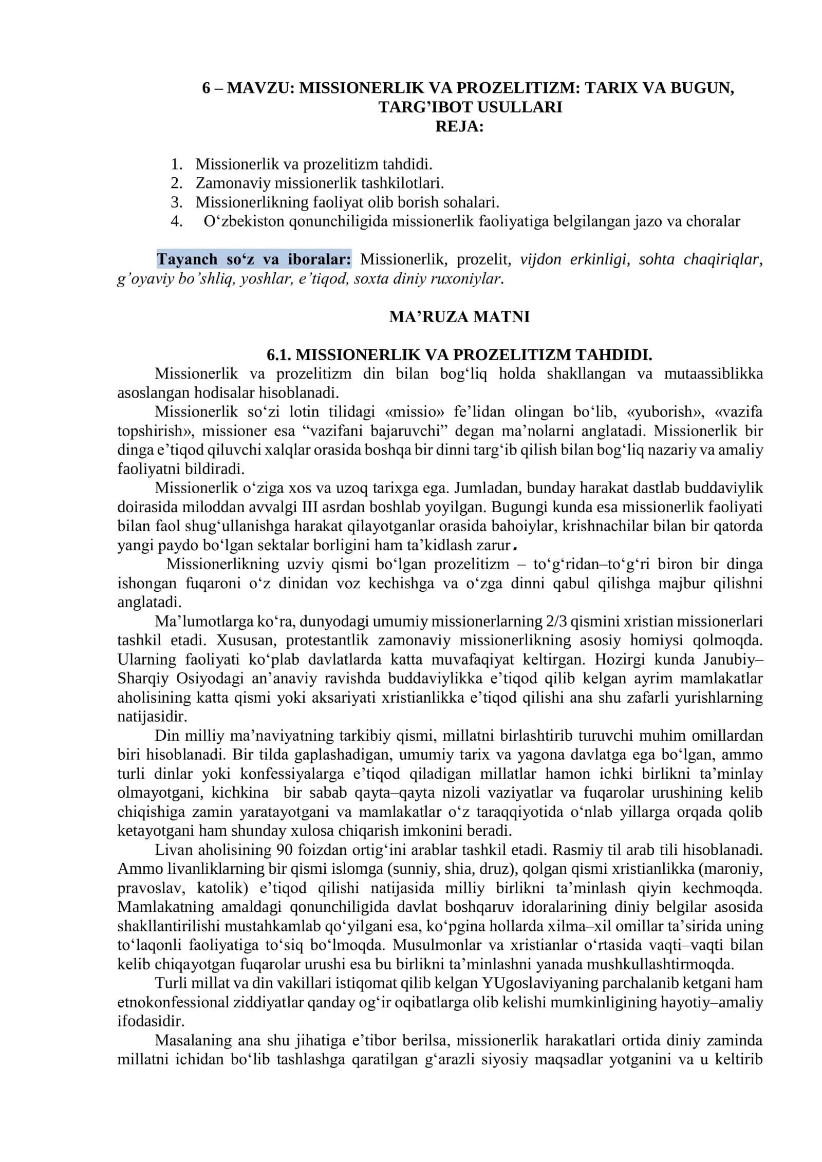 MISSIONERLIK VA PROZELITIZM: TARIX VA BUGUN