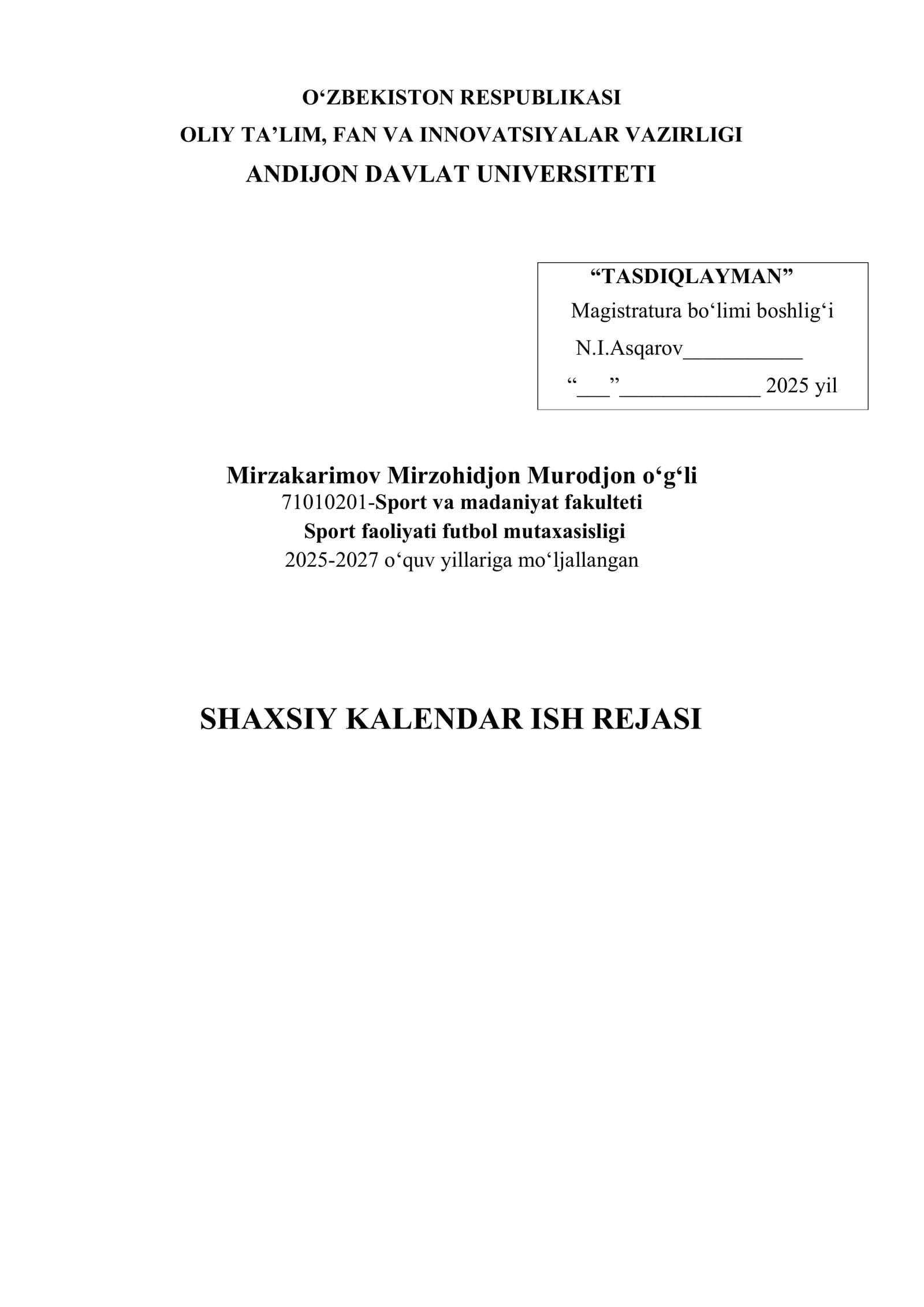 SHAXSIY KALENDAR ISH REJASI