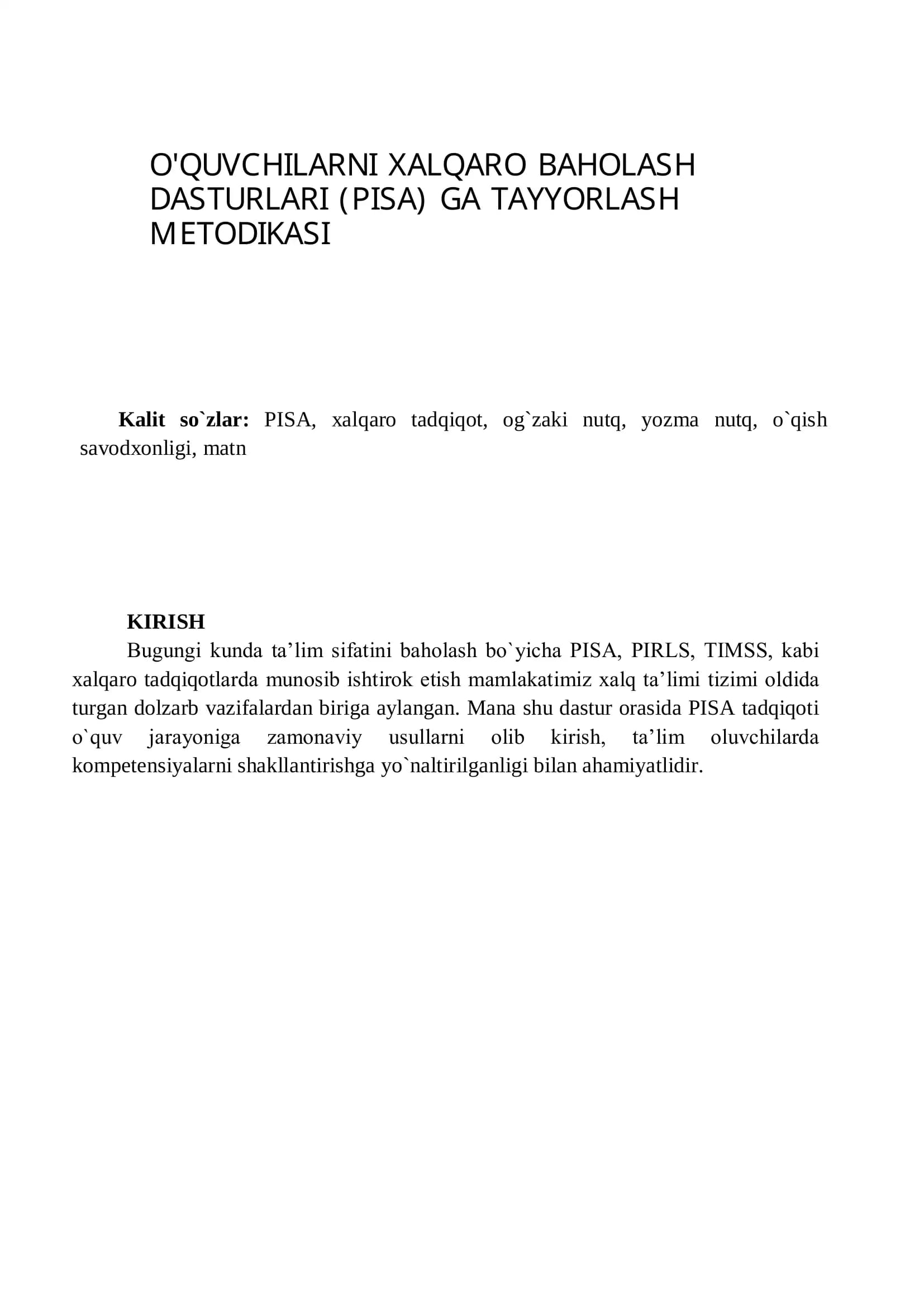 O'QUVCHILARNI XALQARO BAHOLASH DASTURLARI (PISA) GA TAYYORLASH METODIKASI