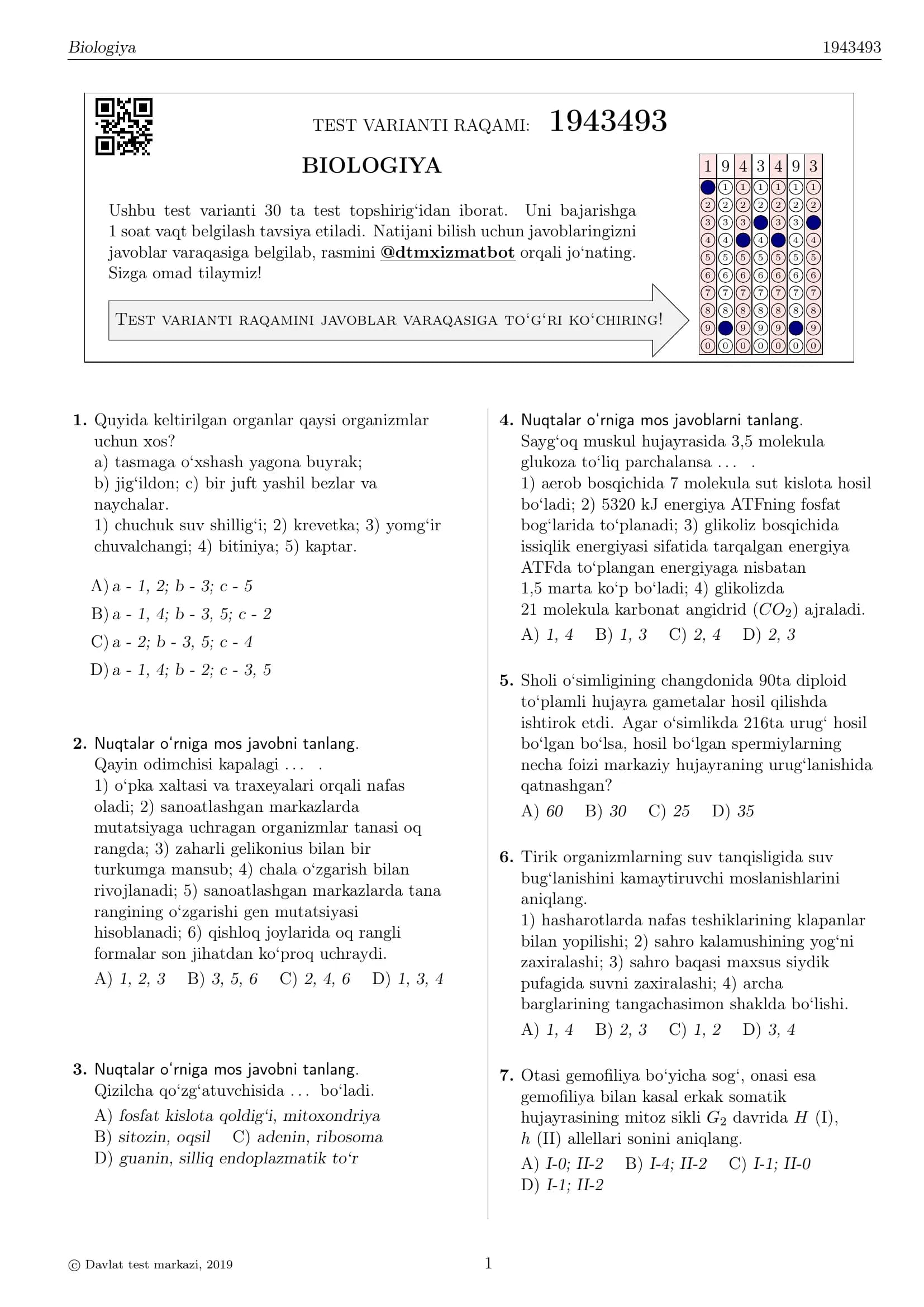 BIOLOGIYA TEST VARIANTI RAQAMI: 1943493