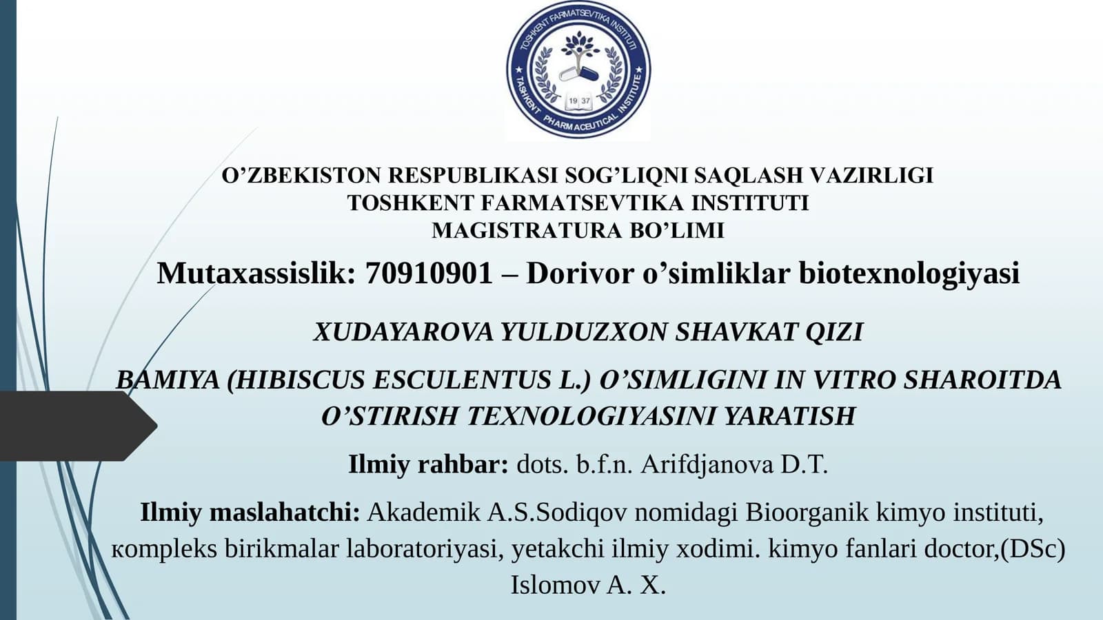 BAMIYA (HIBISCUS ESCULENTUS L.) O’SIMLIGINI IN VITRO SHAROITDA O’STIRISH TEXNOLOGIYASINI YARATISH