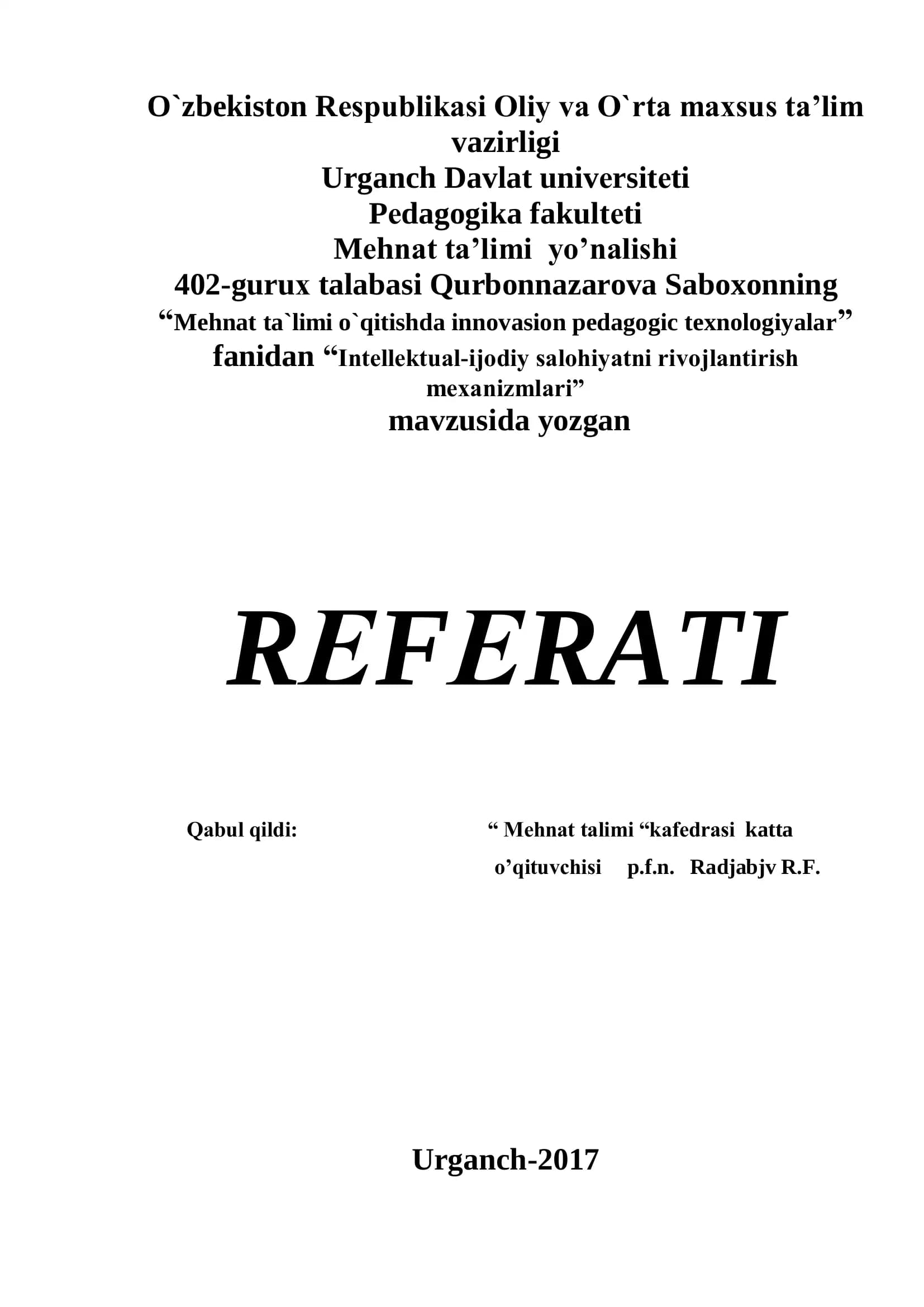 "Intеllеktual-ijоdiy salоhiyatni rivоjlantirish mехanizmlari"