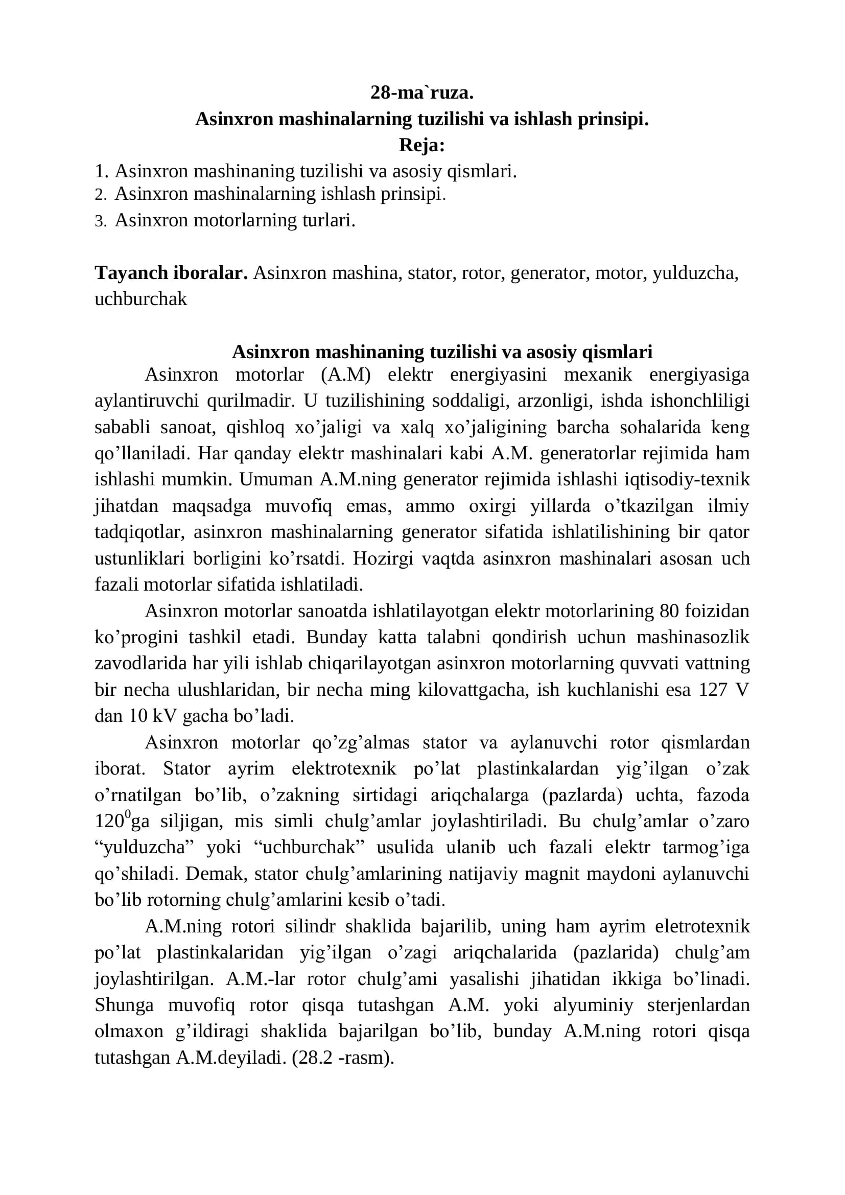 Asinxron motorlar tuzilishi va ishlash prinsipi