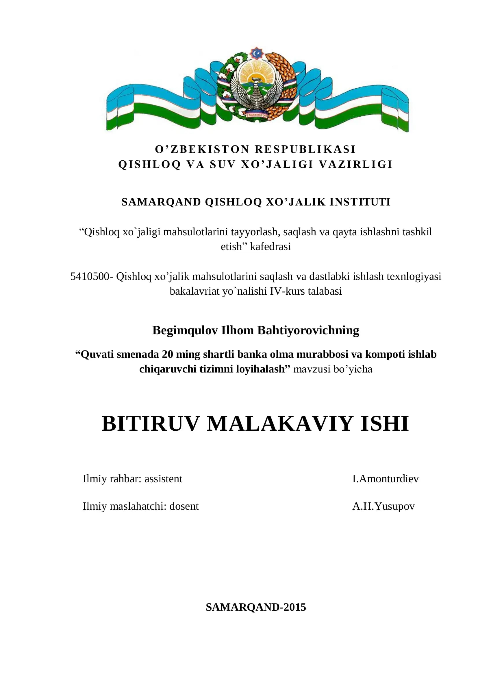 Quvati smenada 20 ming shartli banka olma murabbosi va kompoti ishlab chiqaruvchi tizimni loyihalash