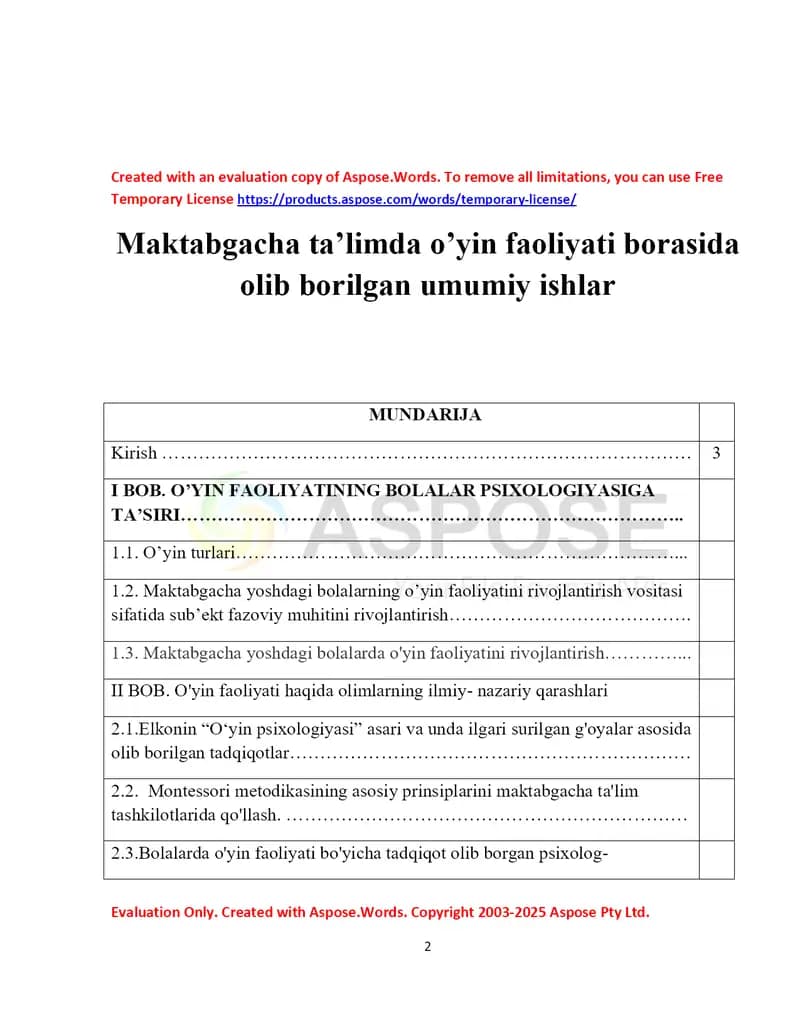 Maktabgacha ta’limda o’yin faoliyati borasida olib borilgan umumiy ishlar
