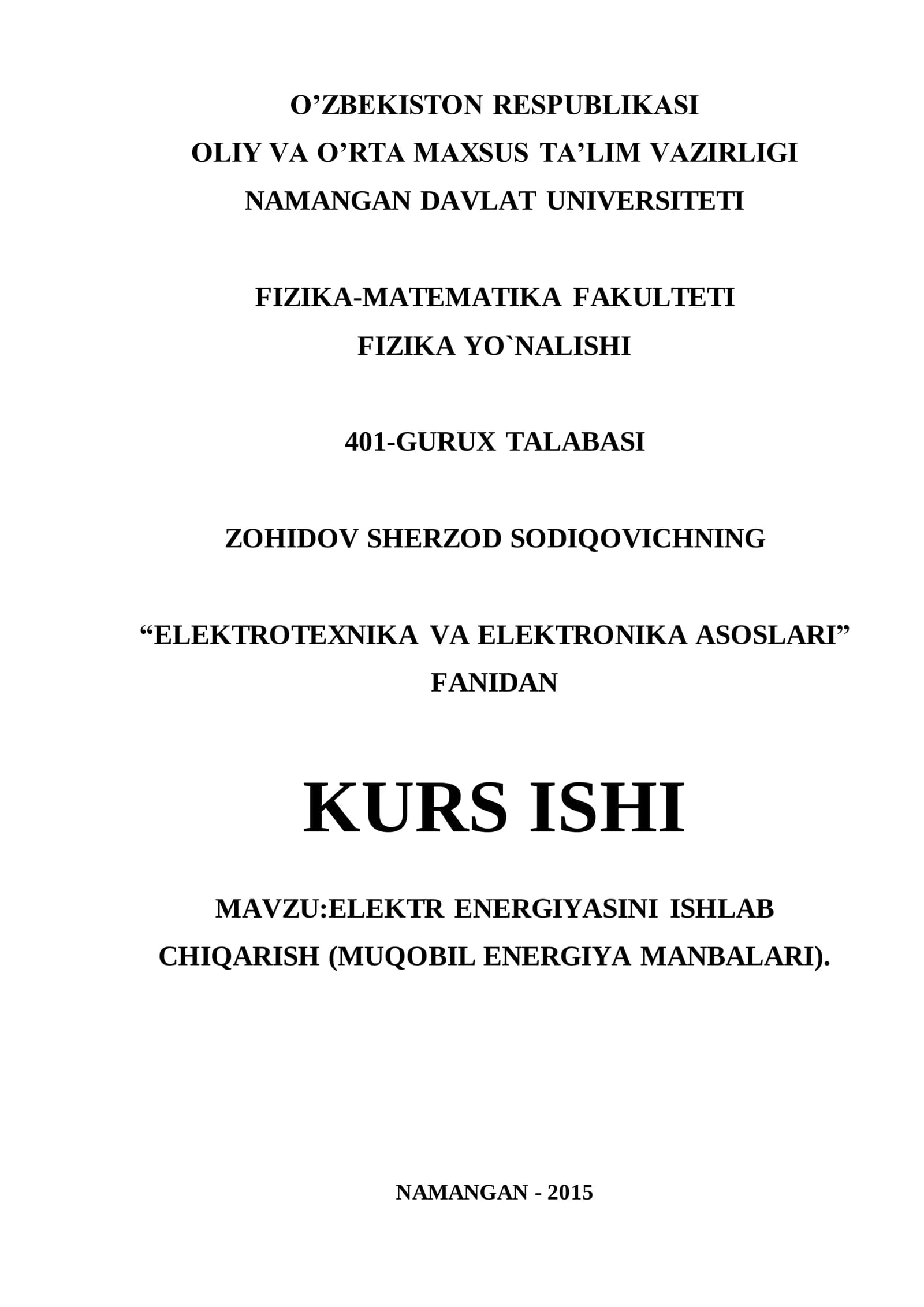 ELEKTR ENERGIYASINI ISHLAB CHIQARISH