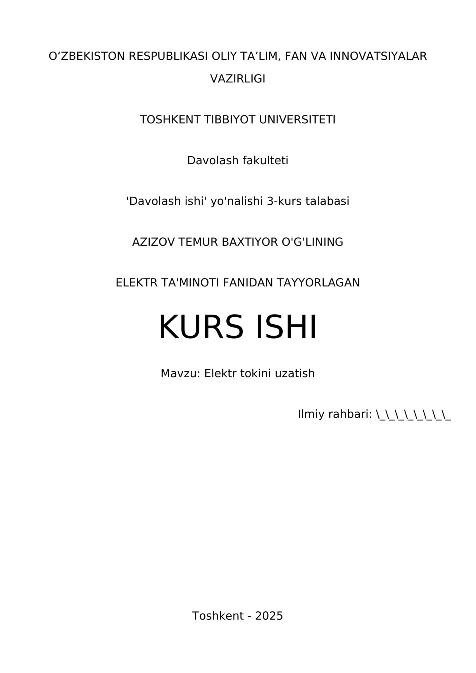 Elektr tokini uzatish kurs ishi