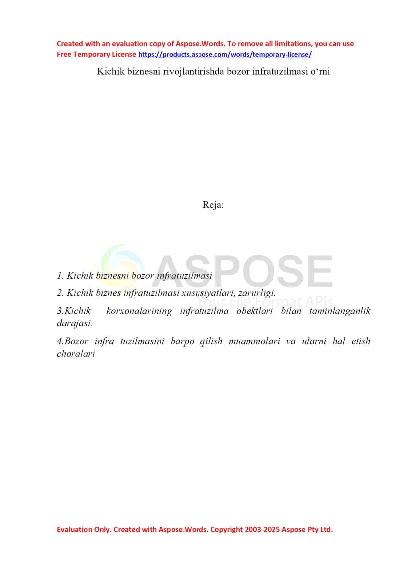 Kichik biznesni rivojlantirishda bozor infratuzilmasi o‘rni