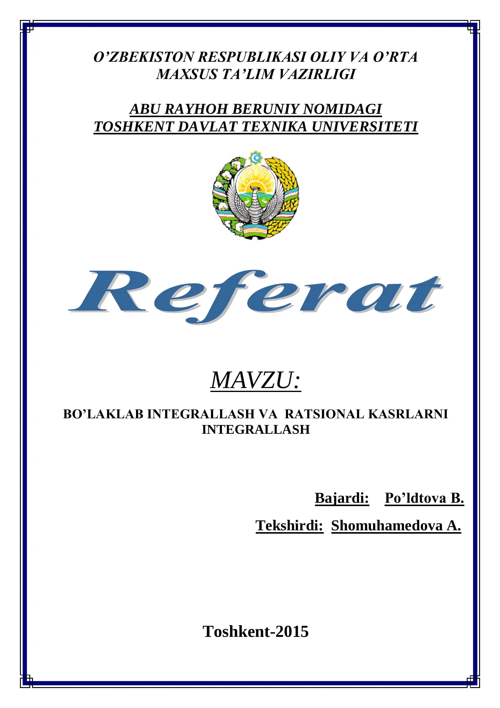 BO’LAKLAB INTEGRALLASH VA RATSIONAL KASRLARNI INTEGRALLASH
