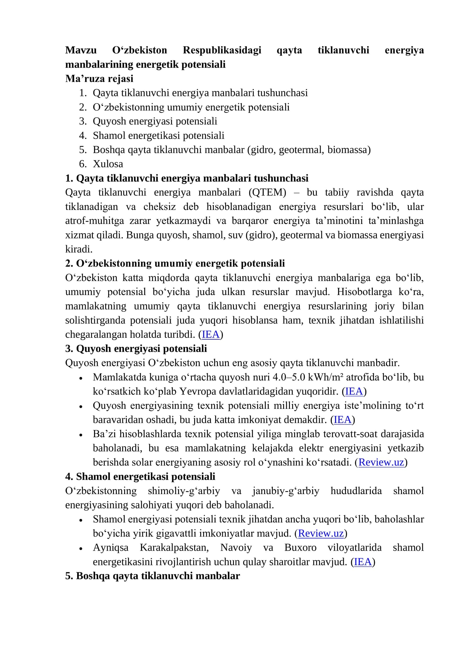 Qayta tiklanuvchi energiya manbalarining energetik potensiali