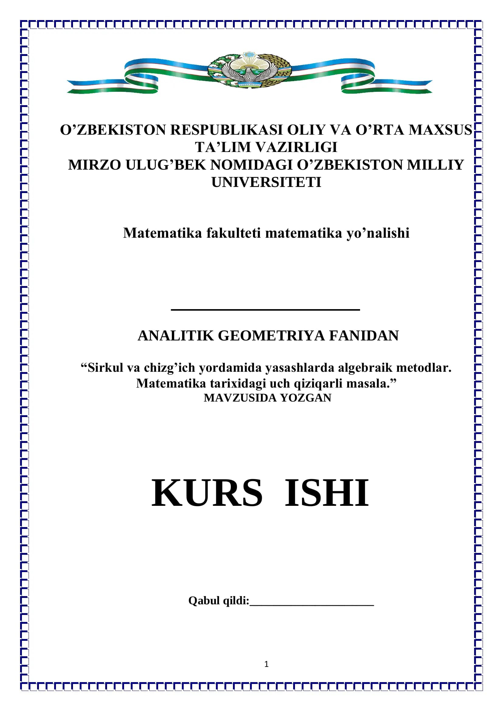 Sirkul va chizg’ich yordamida yasashlarda algebraik metodlar. Matematika tarixidagi uch qiziqarli masala.
