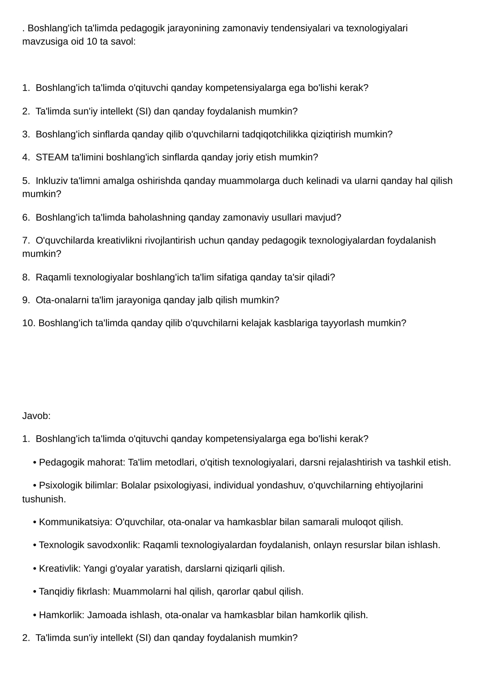 Boshlang'ich ta'limda pedagogik jarayonining zamonaviy tendensiyalari va texnologiyalari