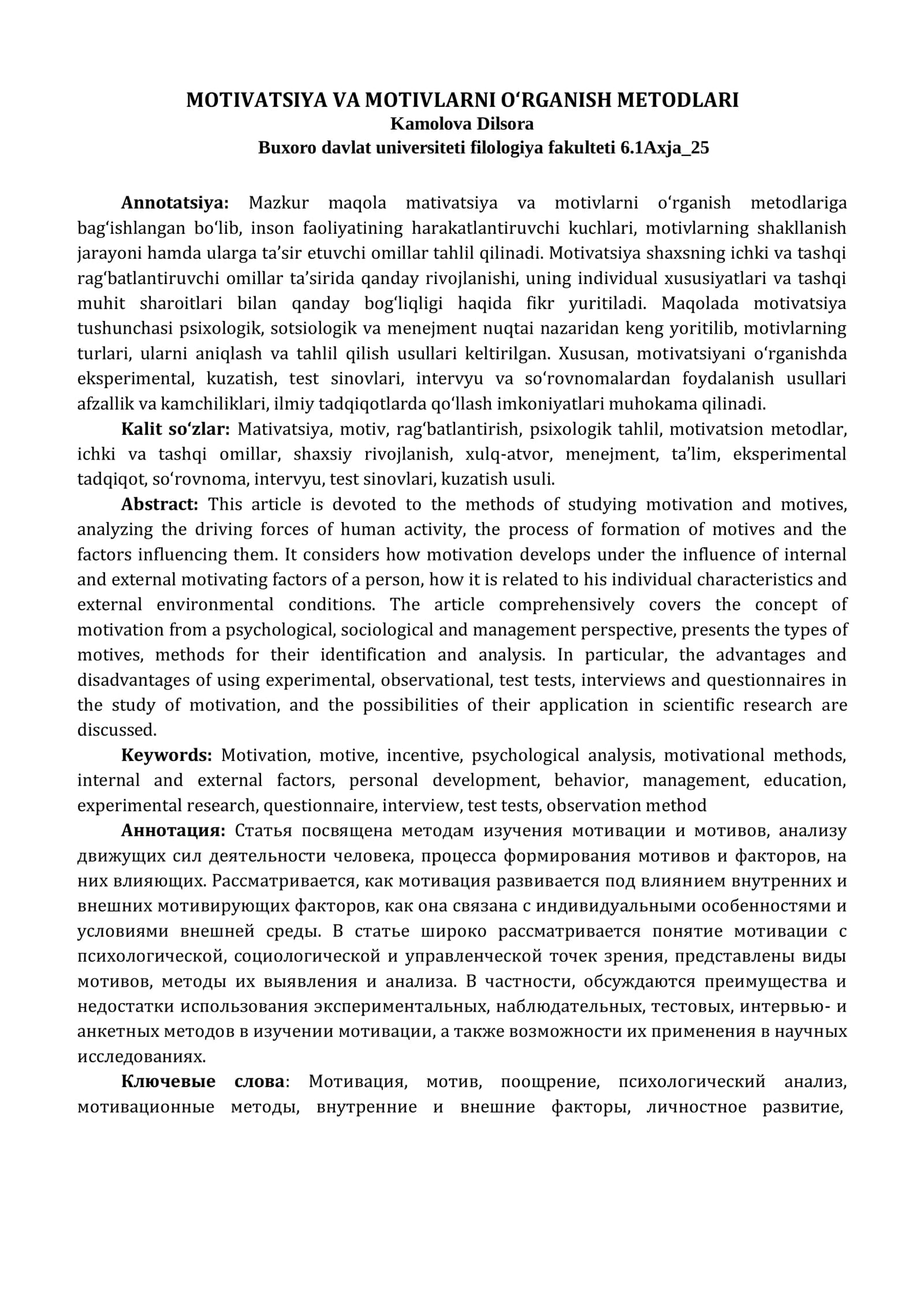 MOTIVATSIYA VA MOTIVLARNI O‘RGANISH METODLARI