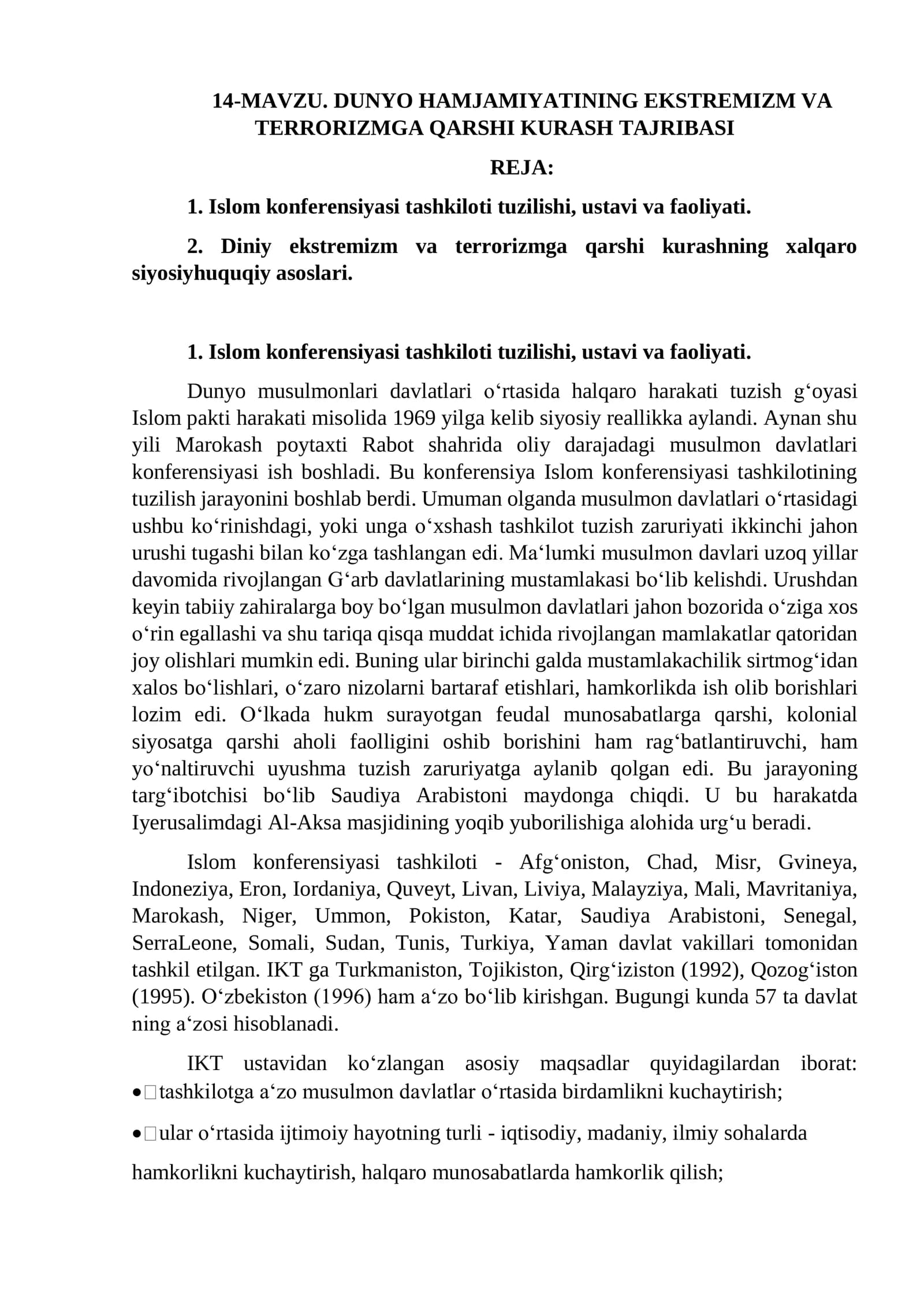 DUNYO HAMJAMIYATINING EKSTREMIZM VA TERRORIZMGA QARSHI KURASH TAJRIBASI