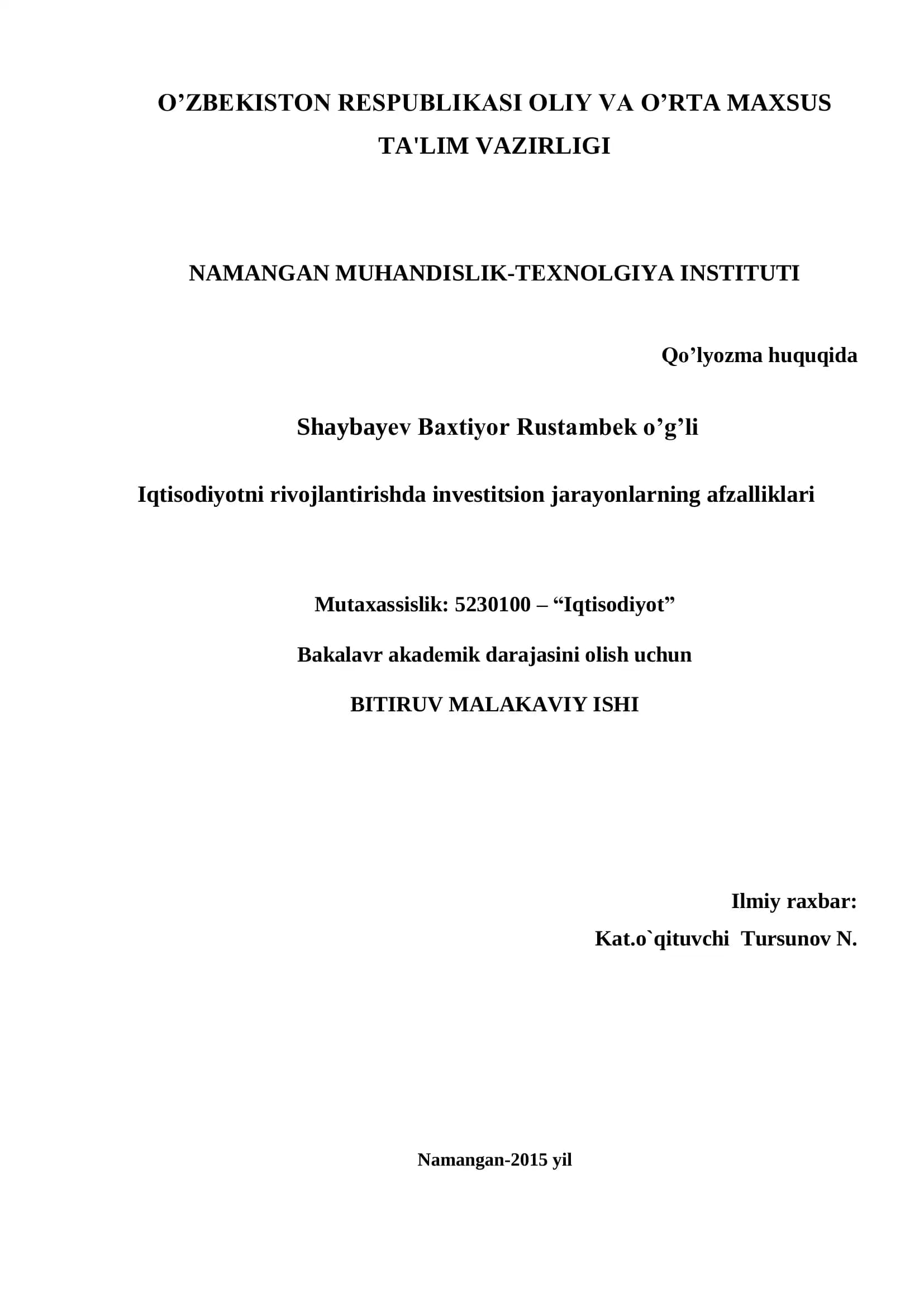 Iqtisodiyotni rivоjlantirishda investitsion jarayonlarning afzalliklari
