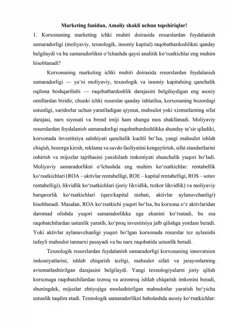 Marketing fanidan, Amaliy shakli uchun topshiriqlar!