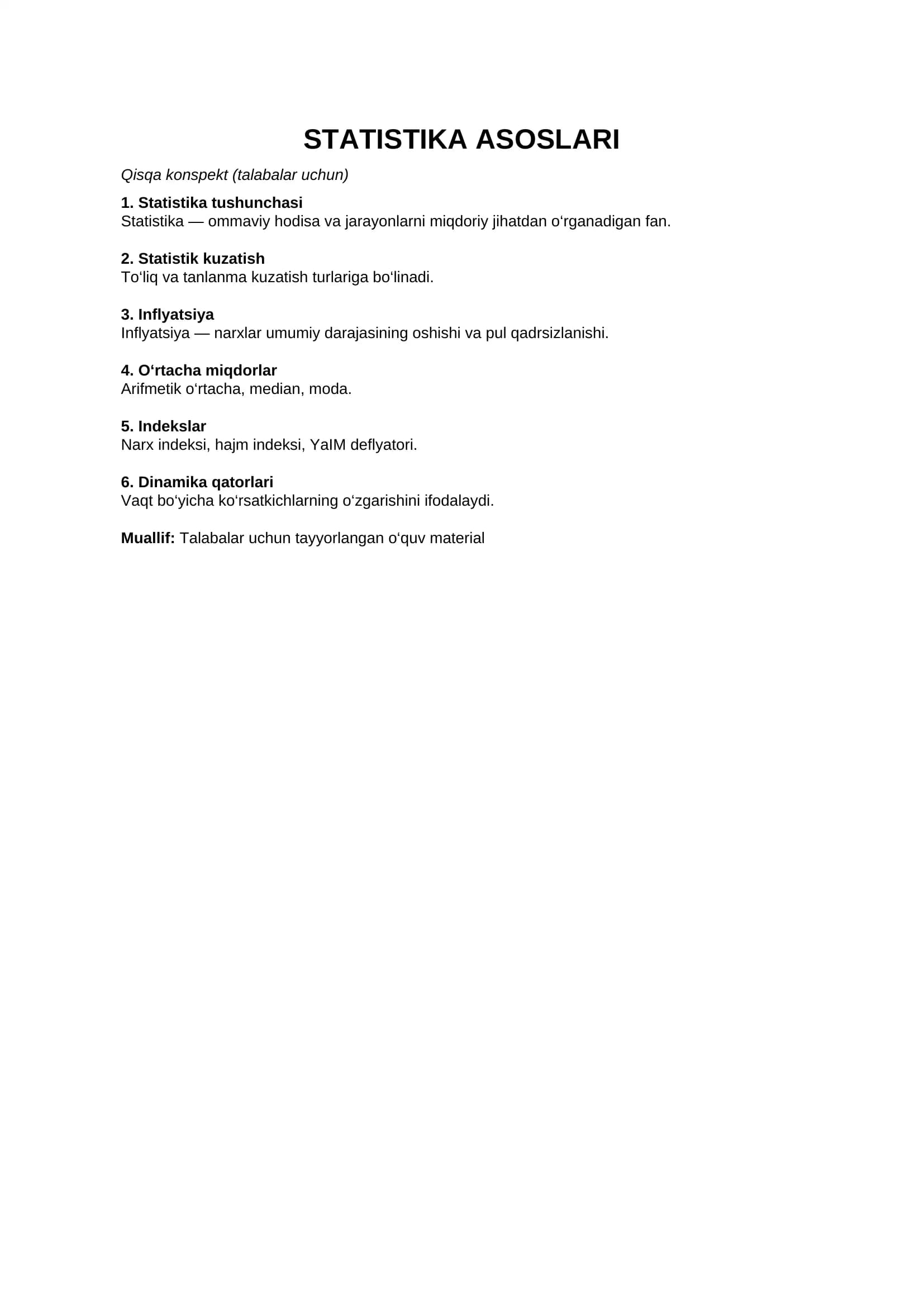 Statistika asoslari qisqa konskpekt